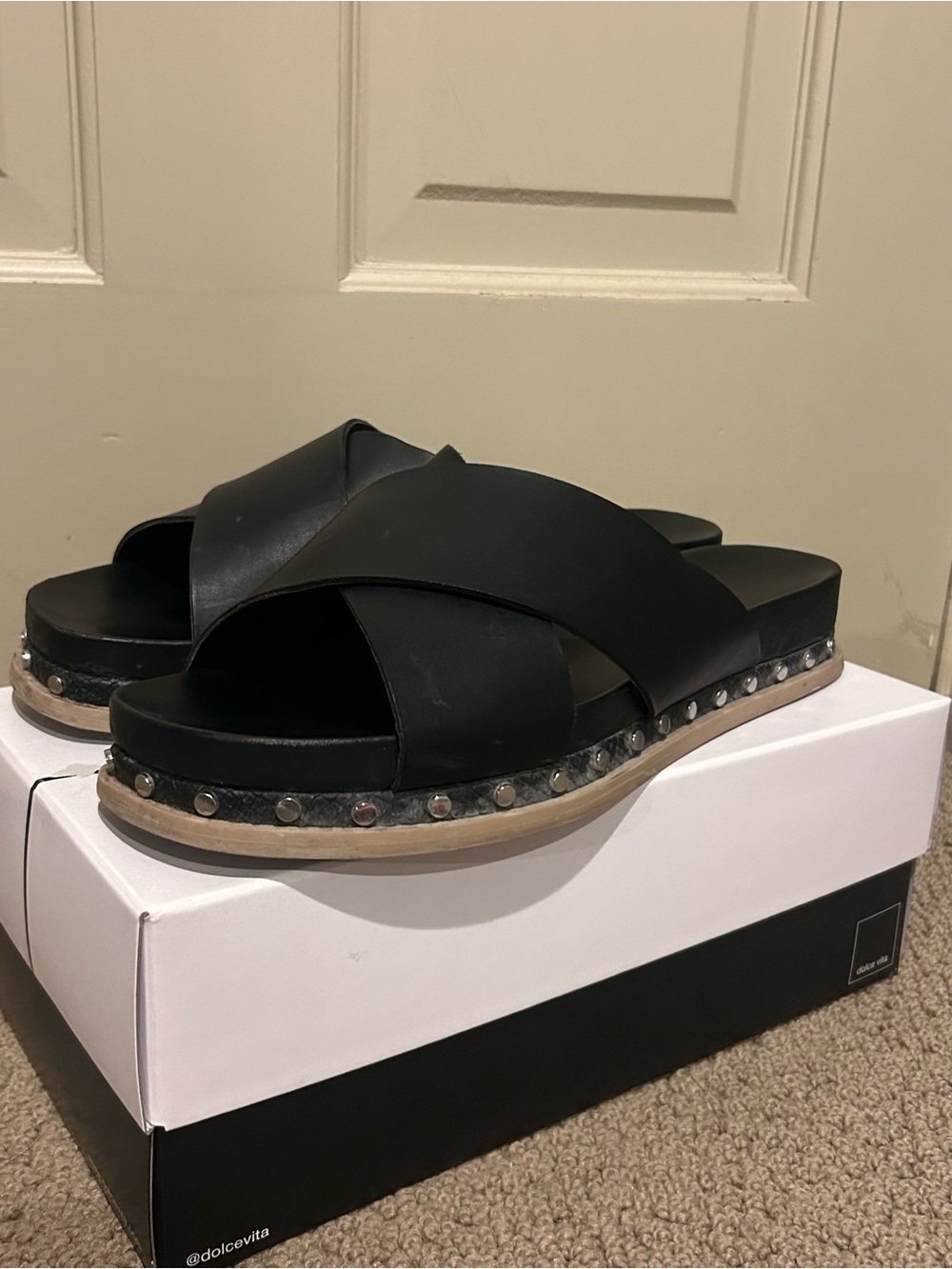 Dolce Vita Black Studded Crisscross Slide Sandals